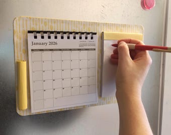 Yellow Cutlery Pattern Magnetic Notepad with 2026 Monthly Calendar — Refillable Reusable and Personalized Calendar
