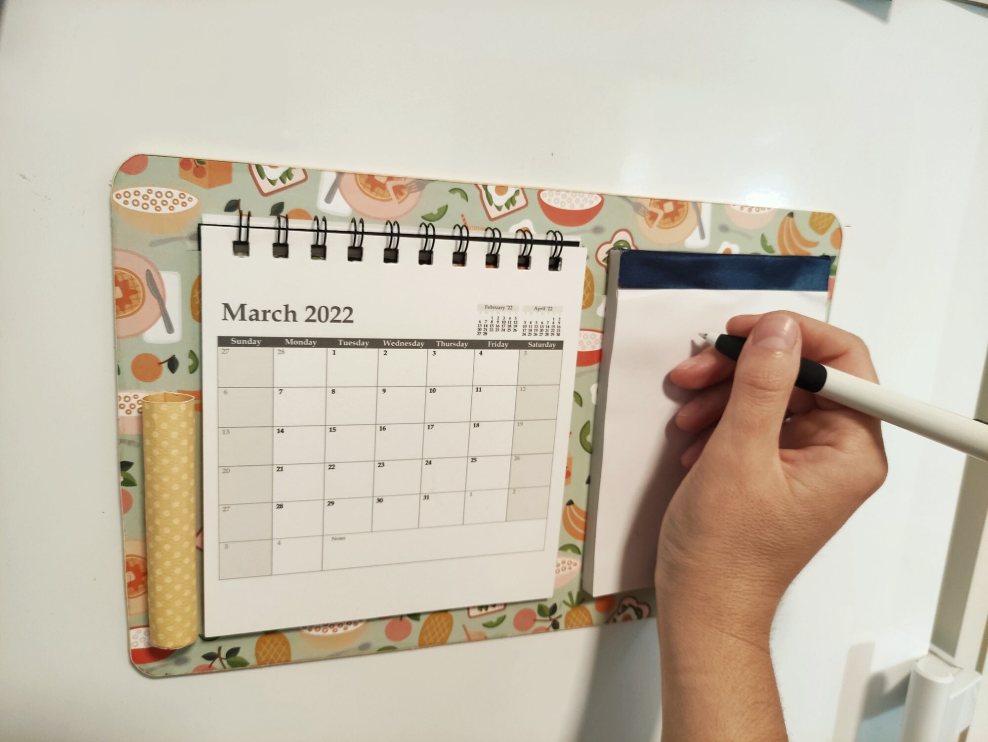 Colorful Refrigerator With Calendar and Notepad Holder