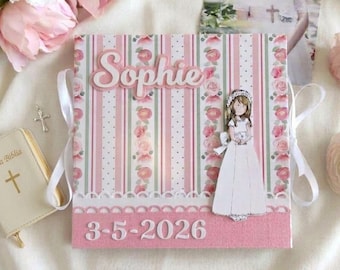 Personalized Floral Communion Zig Zag Guest Book for Girl Minimalist Holy Communion Photo Album Keepsake