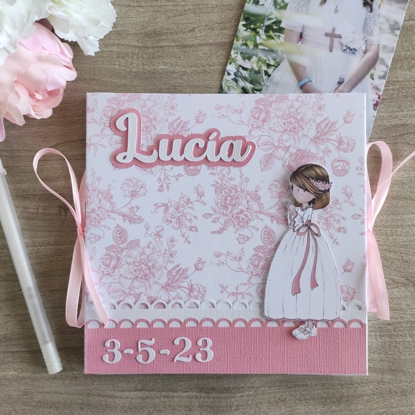 Gästebuch Kommunion für Mädchen, Kommunion kleines Fotoalbum, Florales Gästebuch Geschenk in rosa und weiß, Gästebuch Quadrat