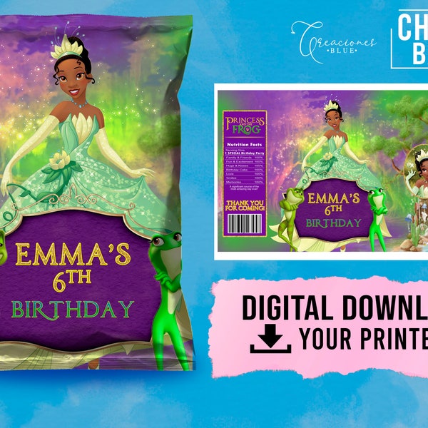 Tiana Birthday Pary, Tiana Pack Printables, Princess Tiana Birthday, Tiana Chip Bag, Juice Pouch, Favor Label,Bottle Label
