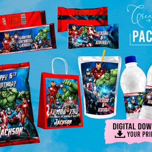 The Avengers birthda, SuperHero Birthday Party, CapriSun, Chip Bag, Favor label, Bar Wrappers , Bottle label DIGITAL DOWN