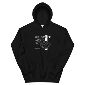 May include: Black hooded sweatshirt with a white outline of a 1963 Corvette Stingray and the text "63 SPLIT" in white.
