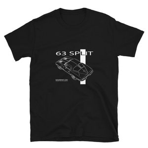 May include: Black t-shirt with a white outline of a 1963 Chevrolet Corvette split window coupe and the text "63 SPLIT" above the car. The text "GARAGERENOT.COM CONNECT THE ENTHUSIASTS" is below the car.