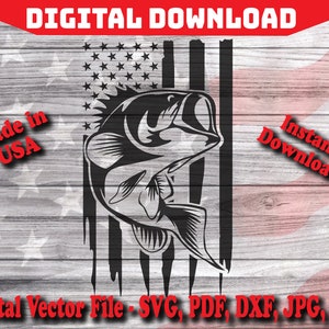 Distressed Fish Bass USA Flag Digital Instant Download SVG, Silhouette, cricut, clipart cut file pdf png dxf svg jpg Fishing Fish Outdoor