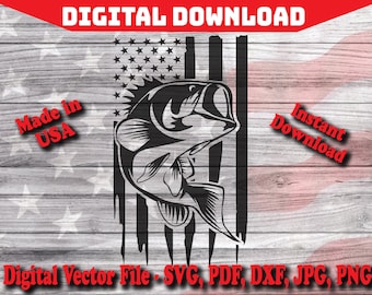 Distressed Fish Bass USA Flag Digital Instant Download SVG, Silhouette, cricut, clipart cut file pdf png dxf svg jpg Fishing Fish Outdoor