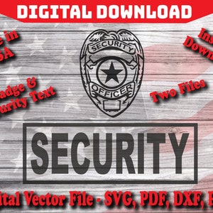 Puede incluir: Una descarga digital de dos archivos, una insignia y texto, que dice "SECURITY OFFICER" con una estrella en el centro. La insignia es en blanco y negro y tiene un fondo de bandera estadounidense rojo, blanco y azul. El texto está en blanco y negro y dice "SECURITY".