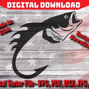 May include: Black graphic of a fish and hook design, with the words "DIGITAL DOWNLOAD" and "Instant Download" in red. The background features a wood grain pattern with a faded American flag design. Text includes "Made in USA" and "Digital Vector File - SVG, PDF, DXF, JPG, PNG".
