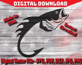 Fish Hook Bass Fishing Design Digital Instant Download SVG, Silhouette, cricut, clipart cut file pdf png dxf svg jpg Fishing Fish Outdoor