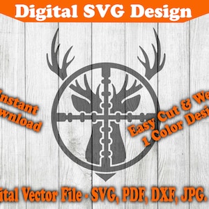 Puede incluir: Un diseño digital SVG de una cabeza de ciervo dentro de un objetivo con el texto "Easy Cut & Weed 1 Color Design" sobre un fondo de madera.