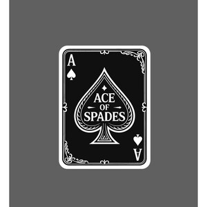 May include: A rectangular playing card graphic featuring a black background with a white border and ornate corner details. The center displays a large white spade symbol containing the text ACE OF SPADES. The letter A and a small spade appear in the top left and bottom right corners.