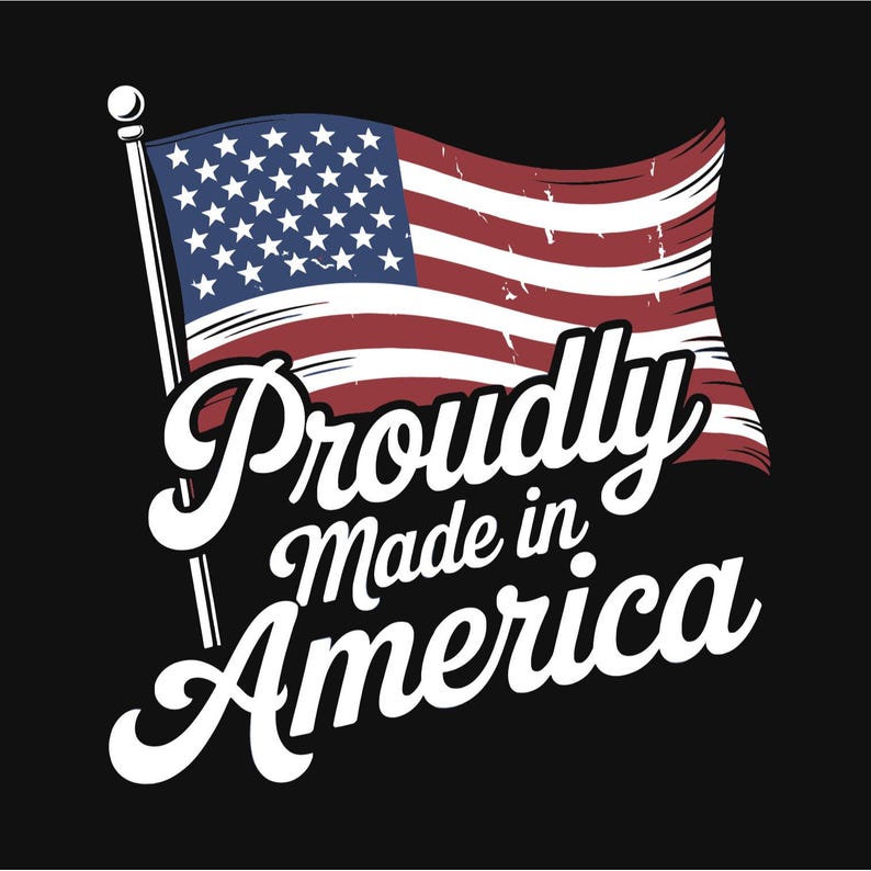 May include: A graphic design on a black background featuring a waving American flag on a flagpole. Below the flag, the white text reads Proudly Made in America in a bold, cursive script font. The flag displays red and white stripes and a blue field.