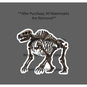 May include: A sticker featuring a brown, detailed skeletal illustration of a prehistoric creature with a prominent dorsal spine, sharp claws, and a skull with visible teeth. The text "**After Purchase, All Watermarks Are Removed**" and "Watermark Sticker Dynasty" are visible.