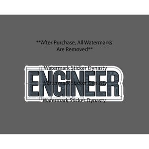 May include: A rectangular sticker featuring the word ENGINEER in bold, dark gray capital letters. The letters contain white line drawings of various drafting and engineering tools, including rulers, compasses, and protractors, set against a grid.