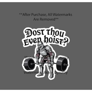 May include: A sticker featuring a knight in full silver plate armor performing a deadlift with a black barbell. Above the knight, the text reads "Dost thou even hoist?" in a black gothic-style font. The design has a white border outline.
