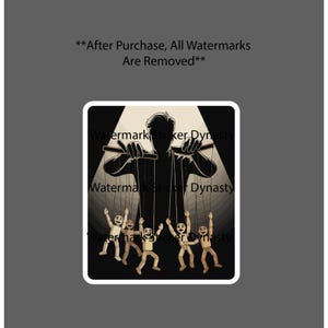 May include: A rectangular sticker featuring a black silhouette of a figure standing in a spotlight, holding strings attached to five small, light-colored wooden marionette puppets that are posed with their arms and legs raised in a dynamic motion.