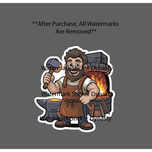 May include: A sticker illustration of a bearded blacksmith wearing a brown apron over a white shirt, holding a hammer. The blacksmith stands before a glowing orange forge and an anvil. The text reads **After Purchase, All Watermarks Are Removed**.