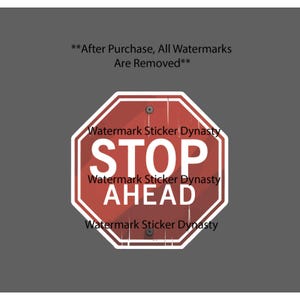 May include: An octagonal red and white sign with a distressed texture featuring the text STOP AHEAD in bold white capital letters. The sign includes two small black circular rivets at the top and bottom center, set against a solid gray background.