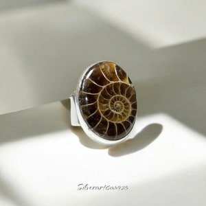 Handmade Sterling Silver Ammonite Fossil Ring: Chunky Gemstone Jewelry
