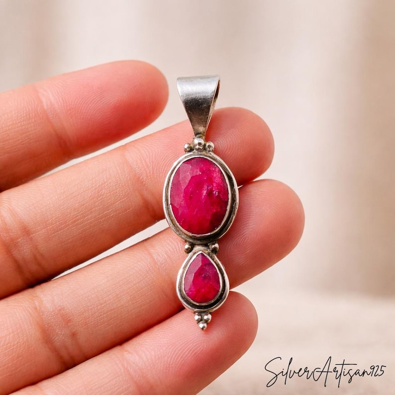 Garnet Sterling Silver Pendant: Oval Pear Bohemian Necklace Ruby