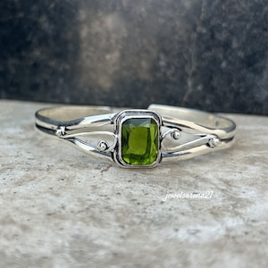 Handmade Peridot Sterling Silver Bangle Bracelet - Adjustable