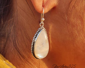 Rainbow Moonstone Dangle Earrings: Handmade Sterling Silver