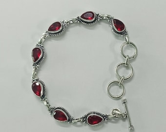 Handmade Red Garnet Sterling Silver Bracelet - 925 Silver