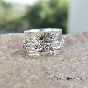 Floral 925 Sterling Silver Spinner Ring: Wide Band Worry Ring