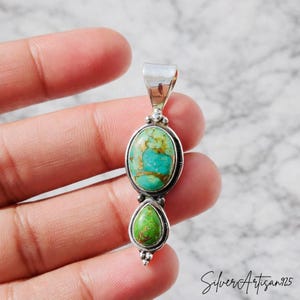 Garnet Sterling Silver Pendant: Oval Pear Bohemian Necklace GreenCopperTurquoise