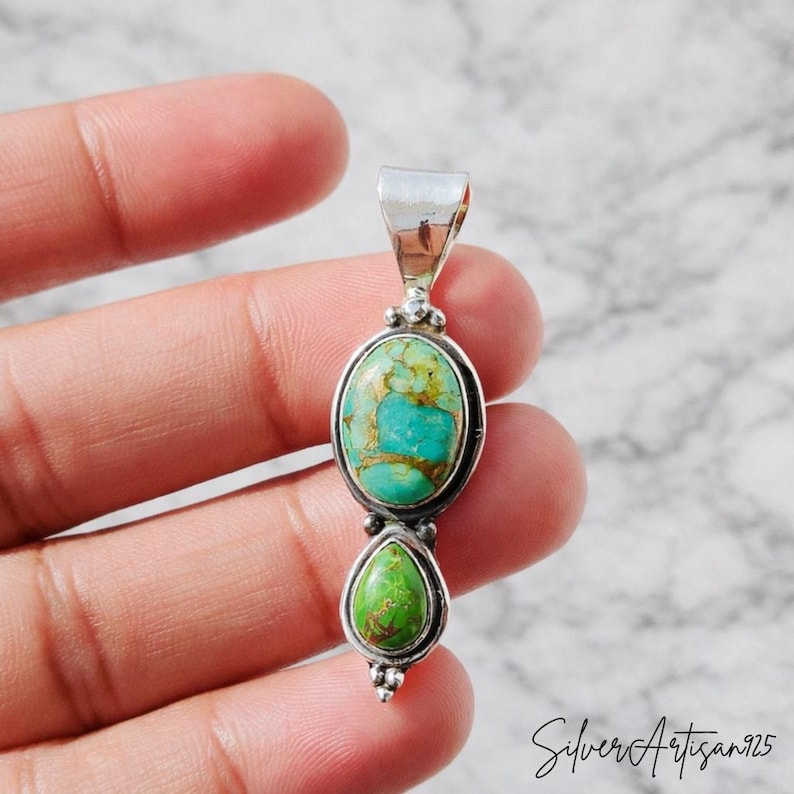 Garnet Sterling Silver Pendant: Oval Pear Bohemian Necklace GreenCopperTurquoise