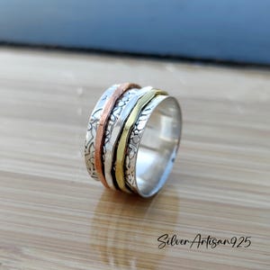 Sterling Silver Spinner Ring: Triple Tone Flower Design, Fidget Jewelry