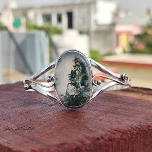 Moss Agate Gemstone Bangle'' Sterling Silver Handcrafted Jewelry'' Adjustable Cuff Bracelet'' Boho Huge Bangle'' Moss Agate Gift Jewelry''