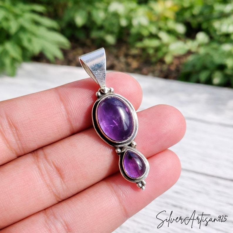 Garnet Sterling Silver Pendant: Oval Pear Bohemian Necklace Amethyst
