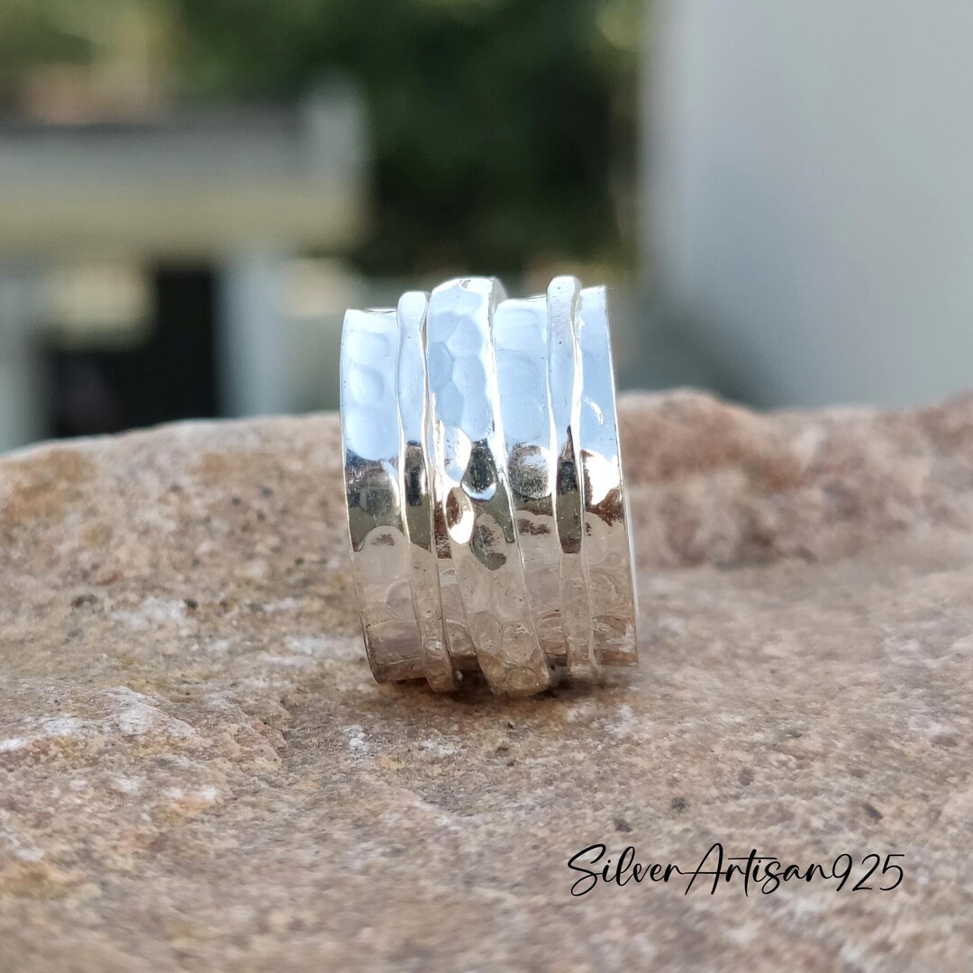 Hammered 925 Sterling Silver Spinner Ring: Boho Fidget Anxiety Ring - Etsy