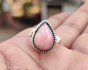 Teardrop Pink Opal Ring: Sterling Silver Gemstone Jewelry