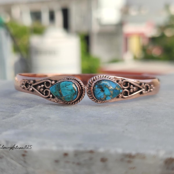 Blue Copper Turquoise Bangle: Pure Copper Handmade Jewelry