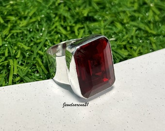 Red Garnet Ring: Rectangle  Gemstone, 925 Sterling Silver Wide Band