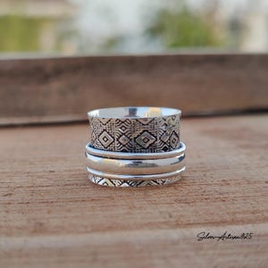 925 Sterling Silver Spinner Ring: Three Tone Bohemian Meditation Band