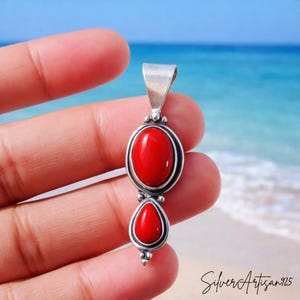 Garnet Sterling Silver Pendant: Oval Pear Bohemian Necklace Red Coral