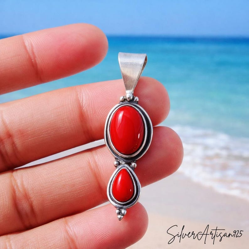Garnet Sterling Silver Pendant: Oval Pear Bohemian Necklace Red Coral