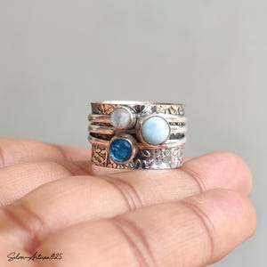 Larimar Gemstone Spinner Ring: Handmade 925 Silver, Moonstone & Blue Topaz