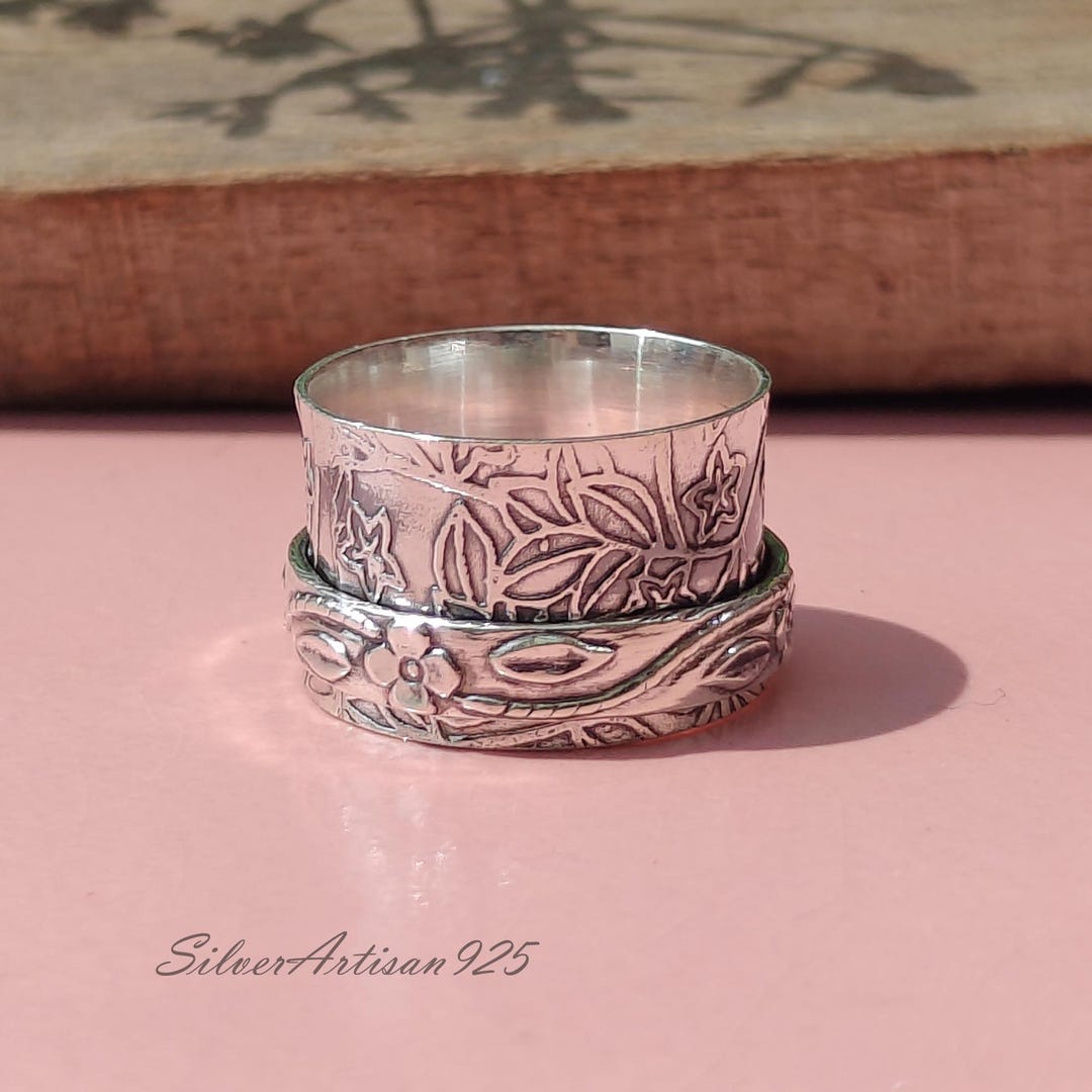 Sterling Silver Spinner Ring: Floral Meditation Anxiety Ring - Etsy