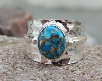 Blue Copper Turquoise Ring: Hammered 925 Sterling Silver Band, Boho Jewelry