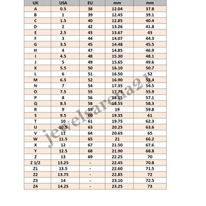 May include: A chart showing ring sizes in UK, USA, and EU sizes, along with the corresponding diameter and circumference in millimeters.