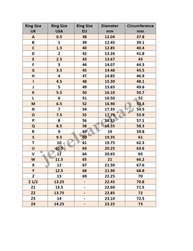 May include: A chart showing ring sizes in UK, USA, and EU sizes, along with the corresponding diameter and circumference in millimeters.