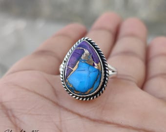 Handmade 925 Silver Ring: Purple Dahlia Copper Turquoise Gemstone