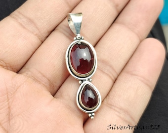 Garnet Sterling Silver Pendant: Oval Pear Bohemian Necklace