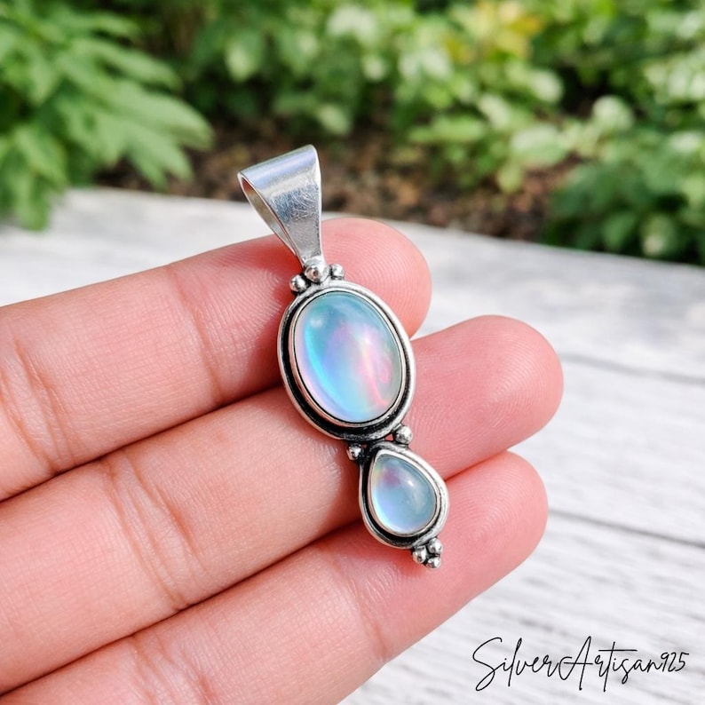 Garnet Sterling Silver Pendant: Oval Pear Bohemian Necklace Aurora Opal
