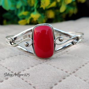 Red Coral Gemstone Bangle, Gemstone Cuff Bangle,  925 Silver Bangle For Women, Coral Silver Jewelry, Perfect Gift Item, Boho Charm Bangle