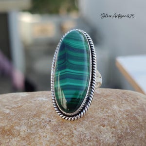 Handmade Oval Malachite Ring: Sterling Silver Bohemian Jewelry